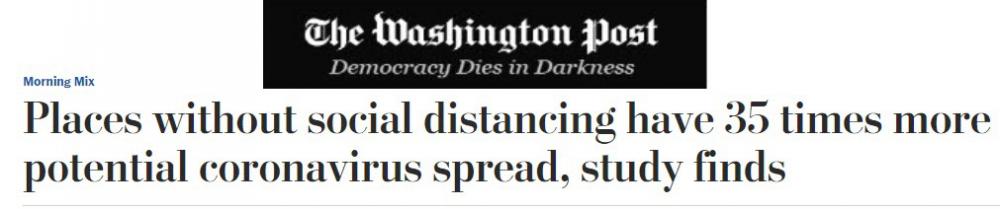 Washington Post: Places without social distancing have 35 times more potential coronavirus spread, study
finds